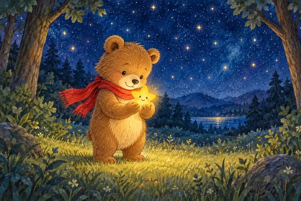 絵本「ポコと おちてきた ほし」の表紙の絵。星空の森で、赤いマフラーのこぐまが光る星を両手で持っている