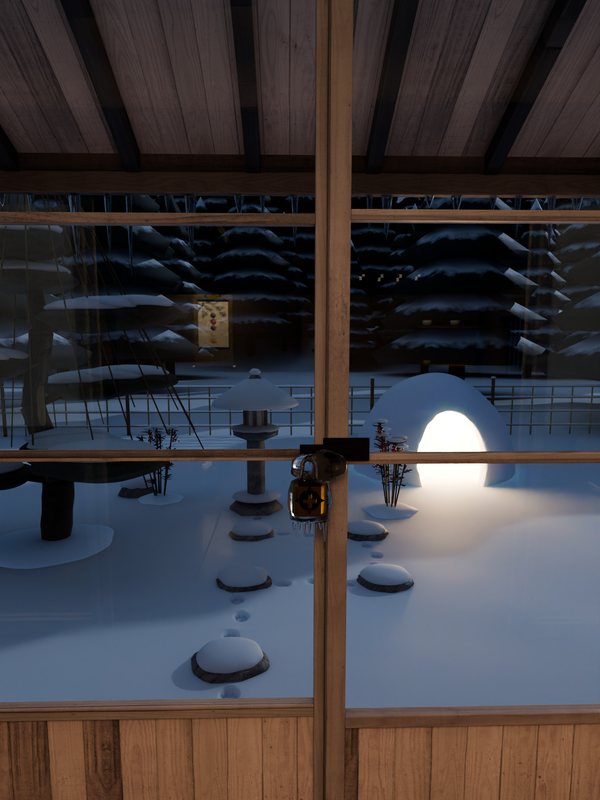 縁側:ガラス戸の向こうに雪の庭とかまくら