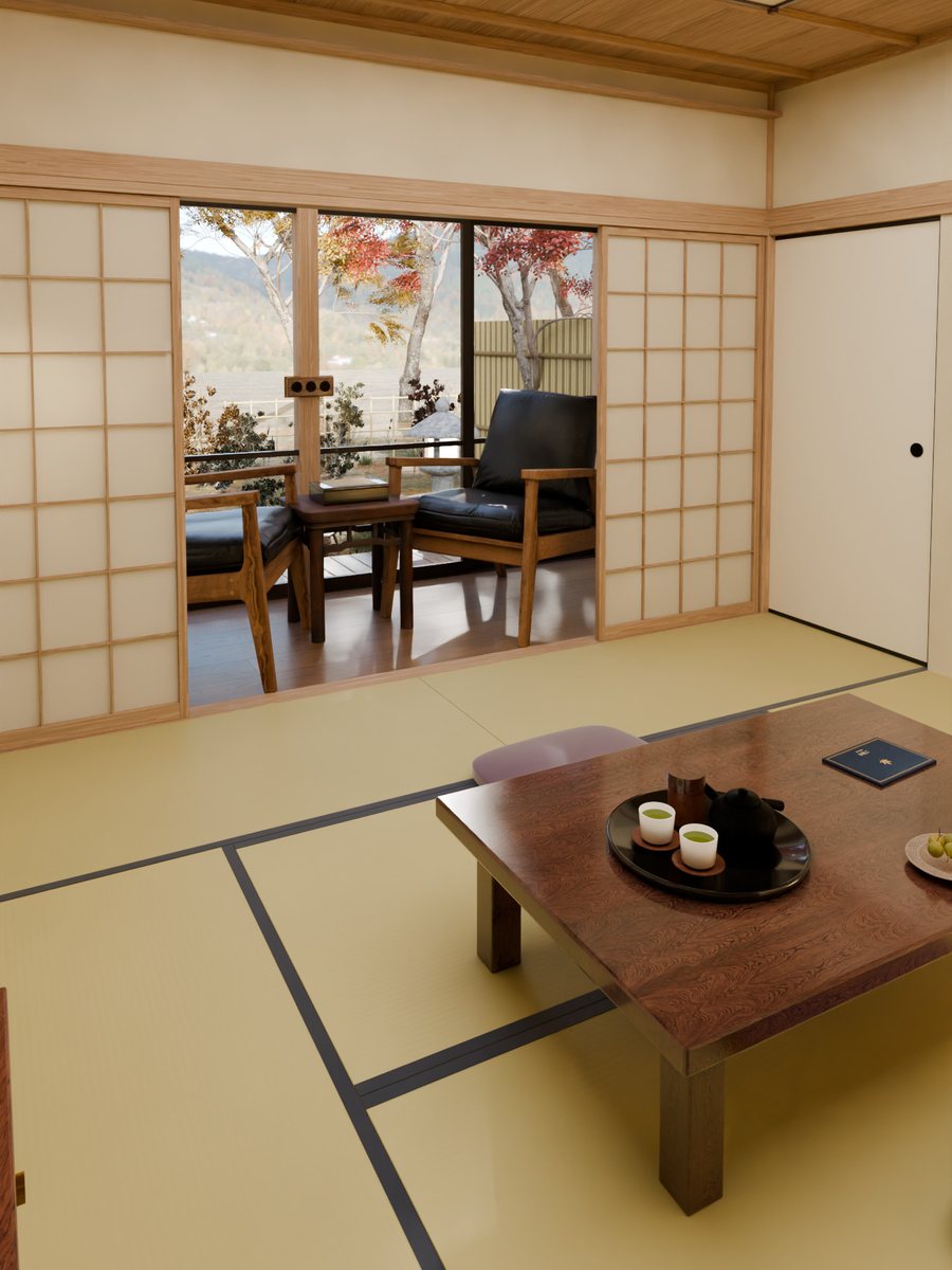 第二話 紅葉の宿 和室:畳の部屋の座卓にお茶。障子の向こうの窓に、紅葉の庭が見える