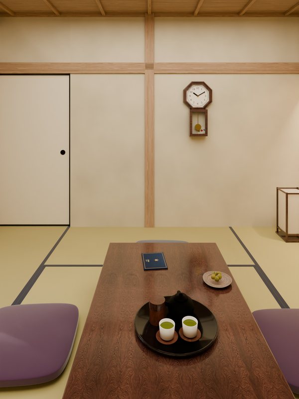 和室:白い襖の壁に柱時計が掛かり、手前の座卓にお茶