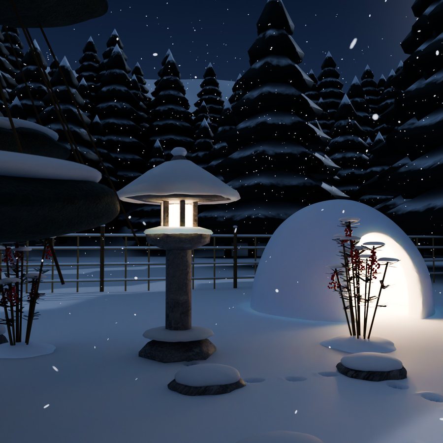 第一話 雪見の宿:丸い窓の向こうの、雪の夜の庭。雪灯籠とかまくらに灯りがともっている