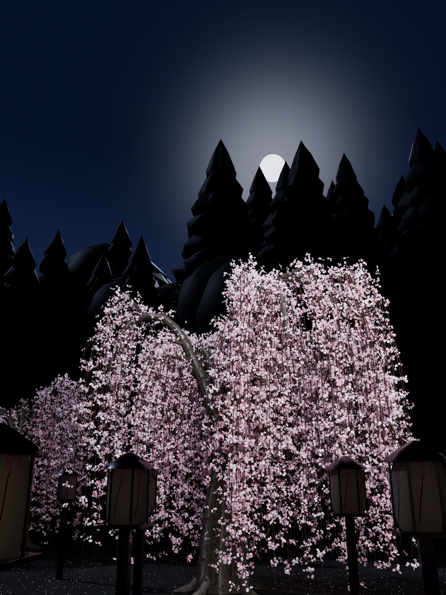 第三話 夜桜の宿:満月の夜空の下、杉林を背にしだれ桜が白く浮かび、灯籠に灯がともっている