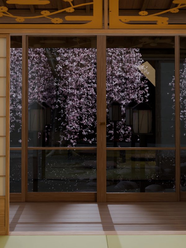 離れの南:障子のあいだのガラス戸の向こうに、しだれ桜と灯籠が見える