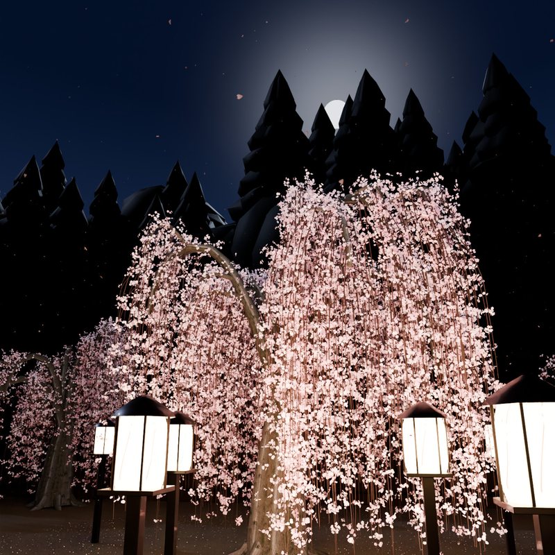 第三話 夜桜の宿:丸い窓の向こうの、月あかりに白く浮かぶしだれ桜と灯籠