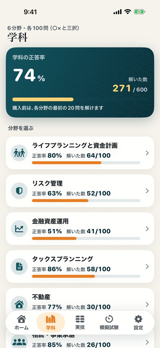 学科の画面：6分野それぞれの正答率と解いた数