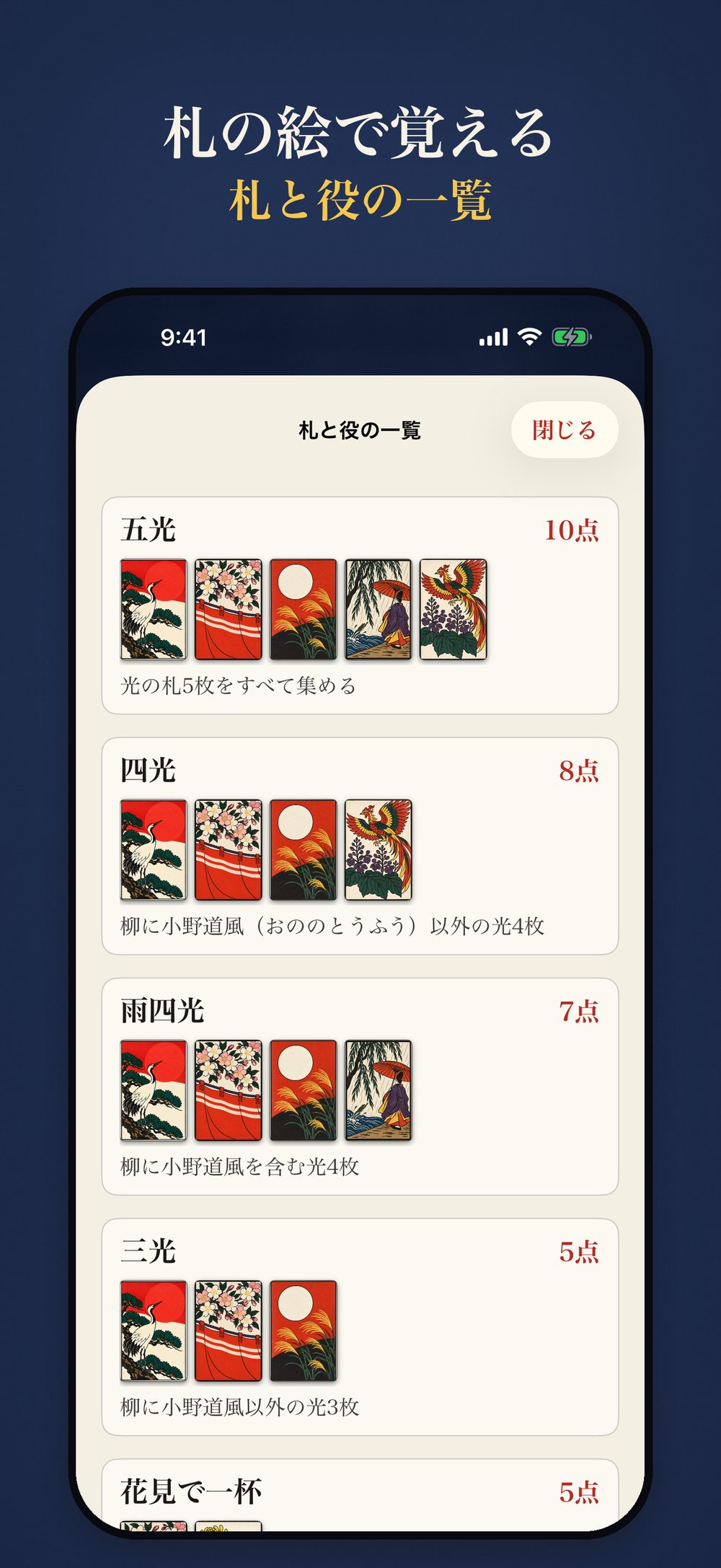 札と役の一覧の画面：五光10点、四光8点、雨四光7点、三光5点を、札の絵と一緒に表示