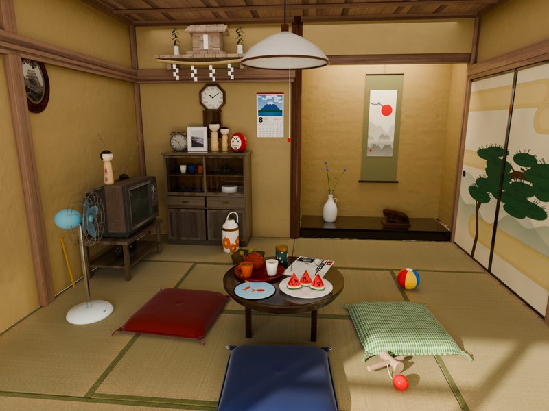 昭和の夏の茶の間：ちゃぶ台と座布団、ブラウン管のテレビ、床の間の掛け軸